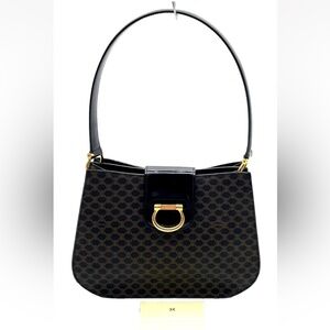 Black Patterned Shoulder Bag with Gold Ring Accent